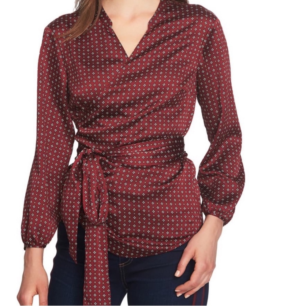 NWT 1. State Maroon Wrap Blouse Micro Ditsy Floral Medium Office Business Casual